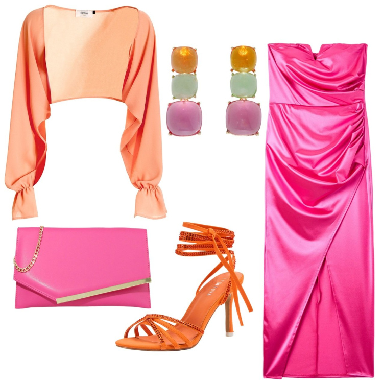 Outfit donna - Tramonto sul mare. Stile Chic per Cerimonia. Abbinamento con vestiti lunghi, sandali alla schiava, blazer, pochette, orecchini.