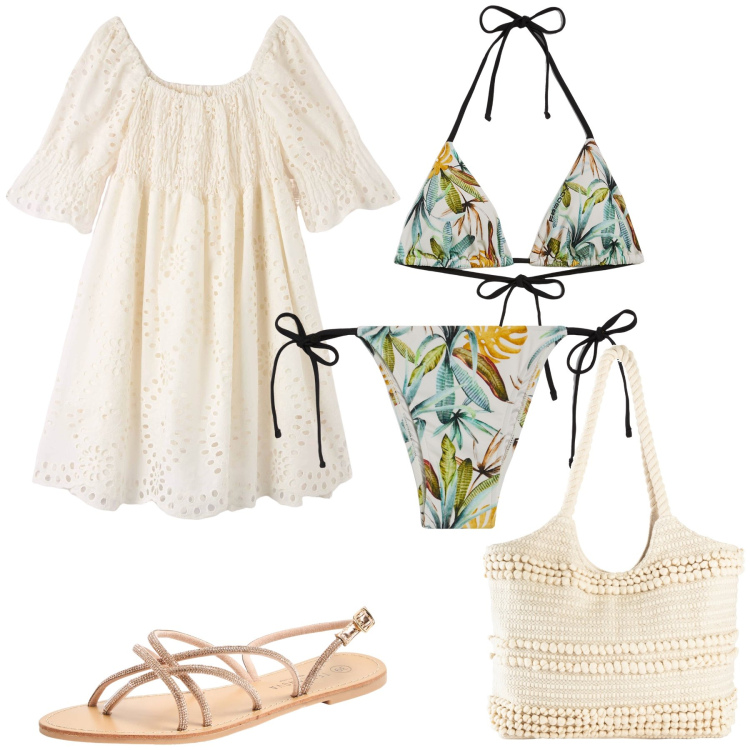 Outfit donna - Domenica mare. Stile Glamour per Mare. Abbinamento con shopping bag, sandali, vestiti corti, bikini, bikini.