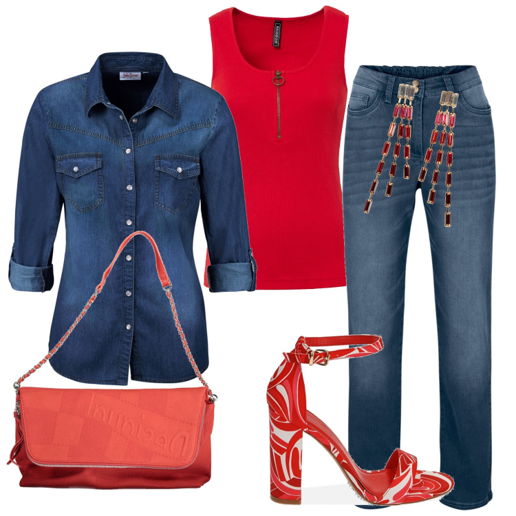 Outfit donna - Casual ma elegante. Stile Casual chic per Serata fuori. Abbinamento con orecchini, camicie, top, jeans dritti, sandali col tacco, borse a mano.