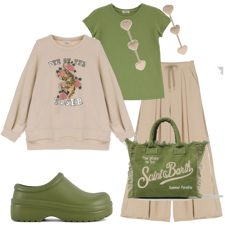 Outfit donna - Trendy per la primavera. Stile Trendy per Tutti i giorni. Abbinamento con orecchini, pantaloni a palazzo, t-shirt, felpe, zoccoli, borse a spalla.