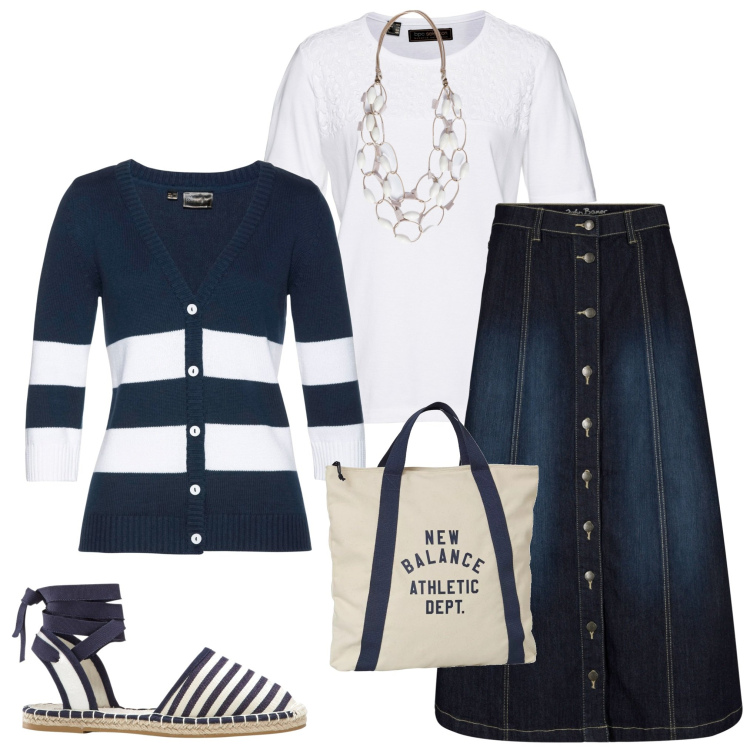 Outfit donna - Trendy per la primavera. Stile Trendy per Tutti i giorni. Abbinamento con gonne longuette, cardigans, t-shirt, espadrillas, borse a mano, collane.