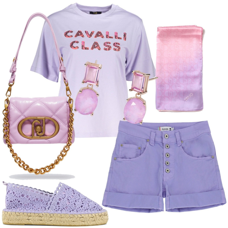 Outfit donna - Tutto lilla. Stile Casual per Tutti i giorni. Abbinamento con orecchini, shorts, espadrillas, t-shirt, sciarpe, borse a tracolla.