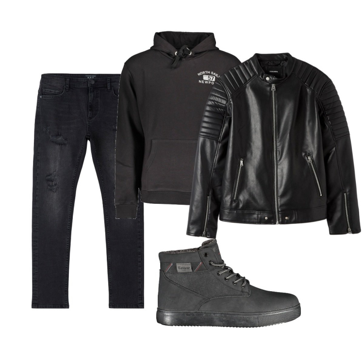 Outfit uomo - Total look #1878659. Stile Casual per Tutti i giorni. Abbinamento con jeans strappati, giacche, stivali, felpe con cappuccio.