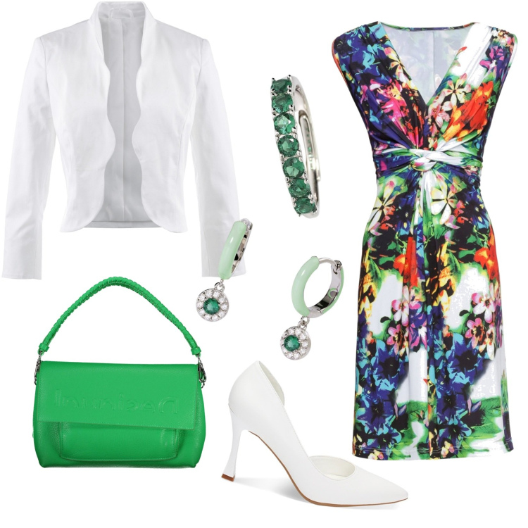 Outfit donna - Fiori risaltate dal bianco. Stile Bon Ton per Tutti i giorni. Abbinamento con blazer, vestiti, orecchini, anelli, décolleté, borse a spalla.