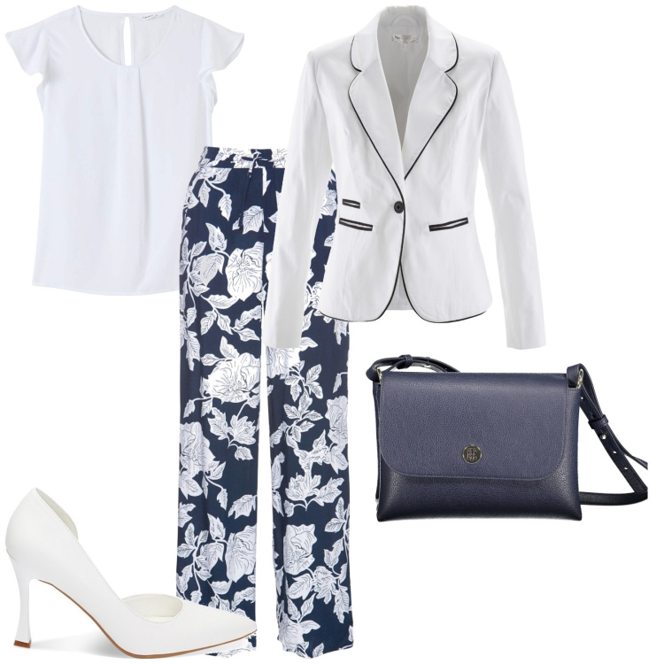 Outfit donna - Total look #1878680. Stile Casual chic per Ufficio. Abbinamento con pantaloni a palazzo, blazer, bluse, décolleté, borse a spalla.