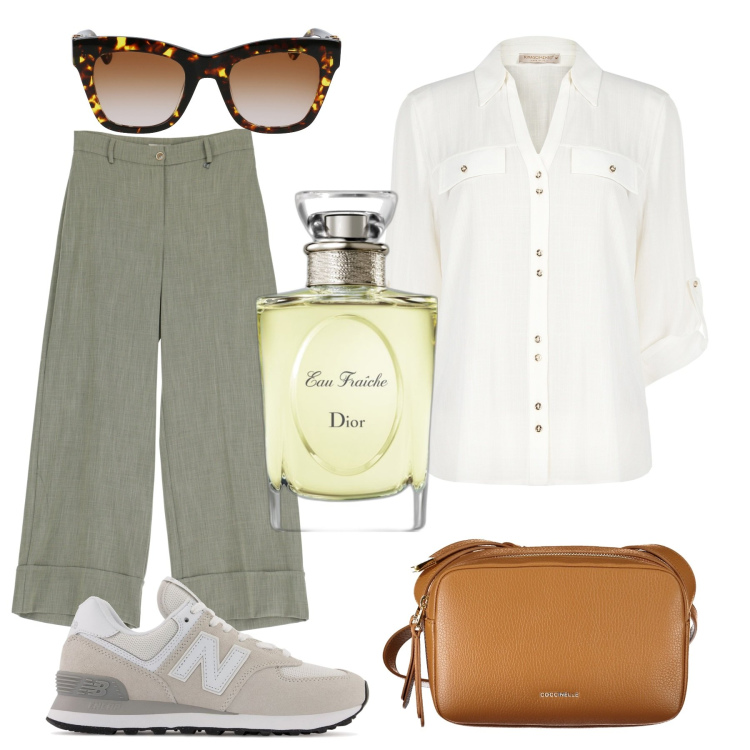 Outfit donna - Easy. Stile Casual per Tutti i giorni. Abbinamento con profumi, sneakers, camicie, pantaloni a palazzo, borse a tracolla, occhiali da sole.