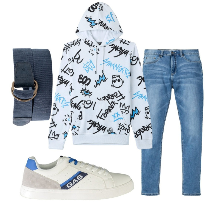 Outfit uomo - Total look #1878695. Stile Casual per Tutti i giorni. Abbinamento con jeans, felpe con cappuccio, cinture, sneakers.