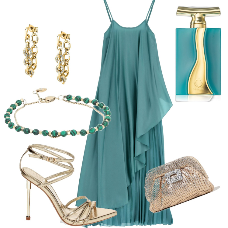 Outfit donna - Cerimonia in lungo. Stile Chic per Cerimonia. Abbinamento con braccialetti, orecchini, profumi, sandali col tacco, vestiti lunghi, clutch.