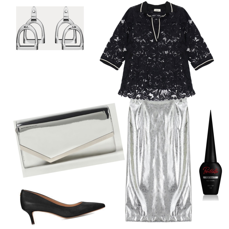 Outfit donna - Silver and lace per stasera. Stile Glamour per Serata fuori. Abbinamento con smalti, gonne longuette, bluse, orecchini, décolleté, clutch.