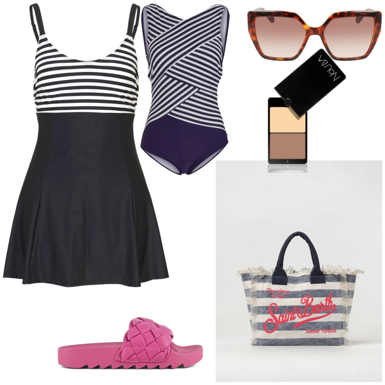 Outfit donna - Primo mare costume intero. Stile Basic per Mare. Abbinamento con costumi interi, vestiti da spiaggia, ciprie, ciabatte, borse tote, occhiali da sole.