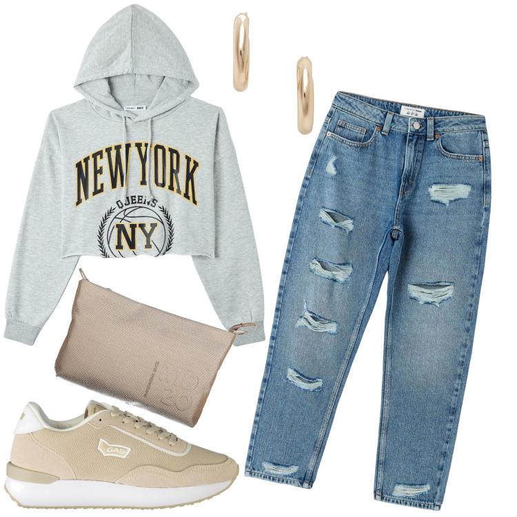 Outfit donna - La felpa newyorchese. Stile Casual chic per Cerimonia. look ideale per Petite. Abbinamento con jeans mom, felpe con cappuccio, orecchini, pochette, sneakers.