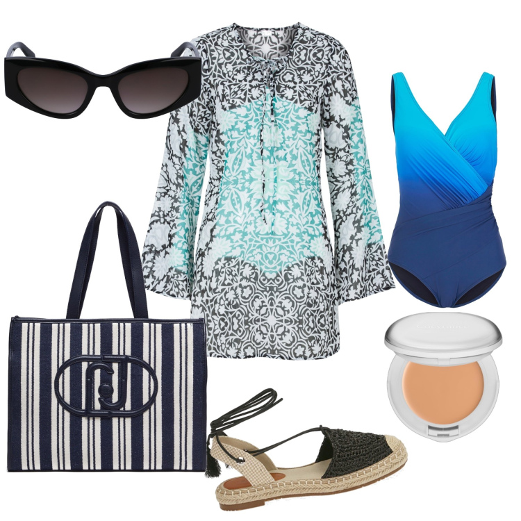 Outfit donna - E stasera primo aperitivo al mare. Stile Glamour per Mare. Abbinamento con vestiti da spiaggia, costumi interi, fondotinta, espadrillas, borse tote, occhiali da sole.