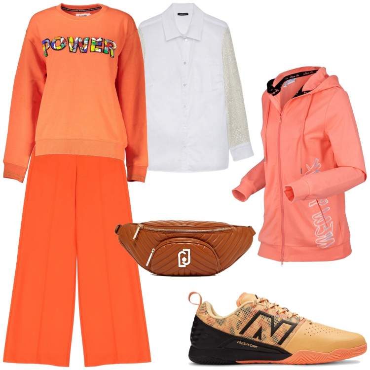 Outfit donna - Passeggiata all\'alba. Stile Casual per Tutti i giorni. Abbinamento con felpe con cappuccio, sneakers, pantaloni a palazzo, felpe, camicie, marsupi.