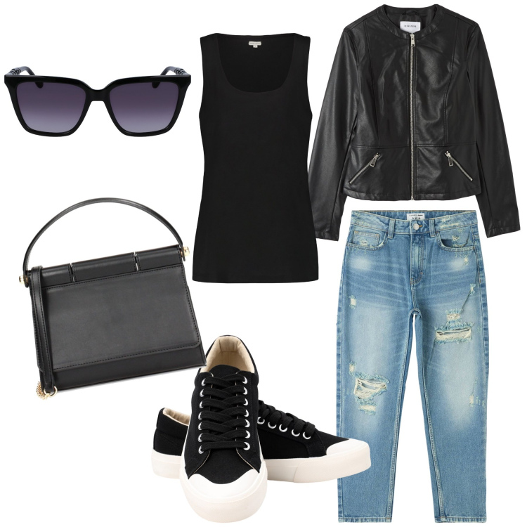 Outfit donna - Total look del sabato. Stile Minimal per Tutti i giorni. Abbinamento con jeans mom, blazer, pochette, sneakers, canottiere, occhiali da sole.