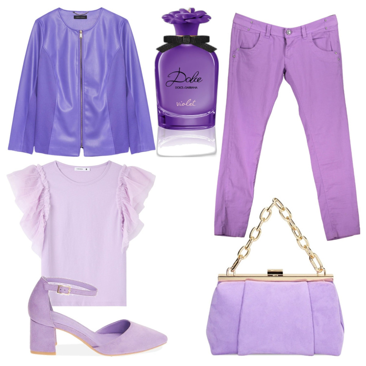 Outfit donna - Sfumature di moda. Stile Chic per Serata fuori. Abbinamento con profumi, blazer, t-shirt, décolleté, borse a spalla, pantaloni.