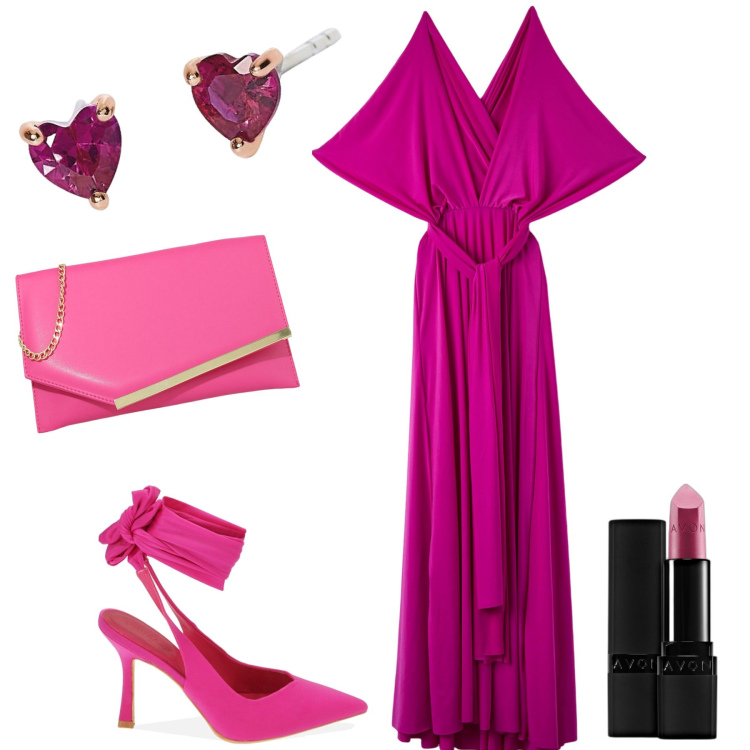 Outfit donna - Ton sur ton alla cerimonia. Stile Glamour per Cerimonia. Abbinamento con rossetti, vestiti lunghi, orecchini, pochette, décolleté.