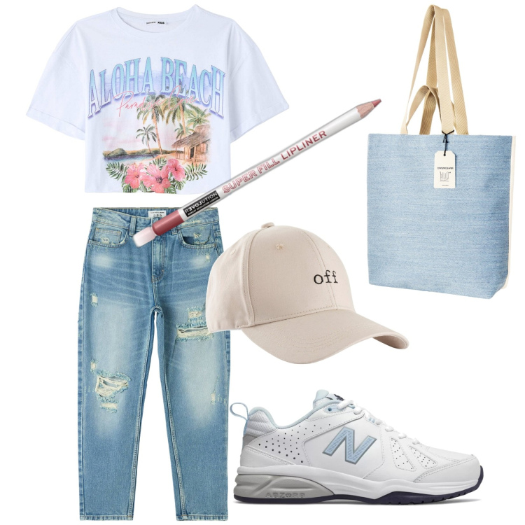 Outfit donna - Lungomare. Stile Urban per Tutti i giorni. Abbinamento con cappelli con visiera, matite labbra, jeans mom, t-shirt, sneakers, borse tote.