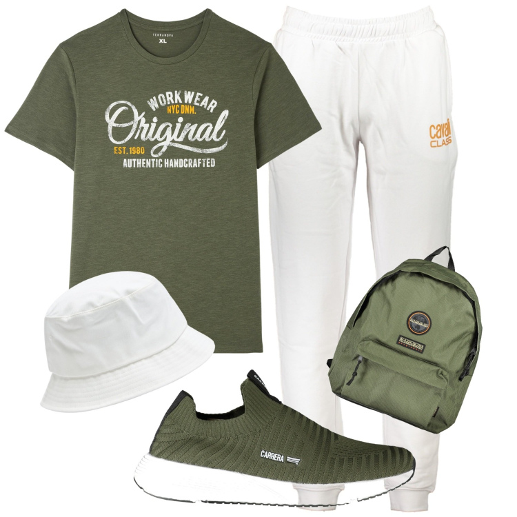 Outfit uomo - Total look #1878749. Abbinamento con t-shirt, cappelli, borse sportive, pantaloni, sneakers.