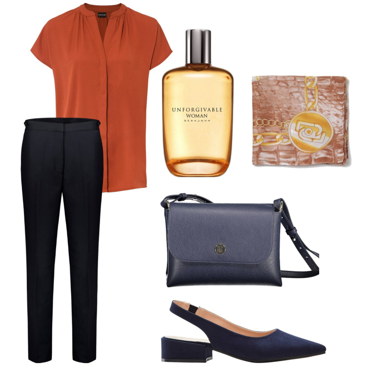 Outfit donna - Caporeparto. Stile Bon Ton per Ufficio. Abbinamento con décolleté, bluse, profumi, pantaloni, sciarpe, borse a spalla.