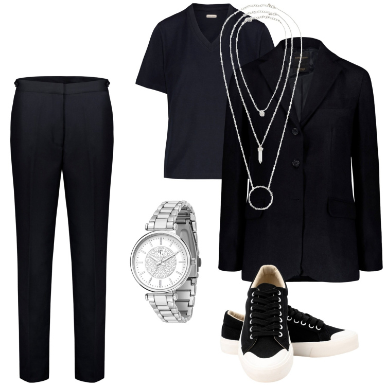 Outfit donna - Total look #1878762. Stile Mannish per Tutti i giorni. Abbinamento con ciondoli, orologi, sneakers, pantaloni, blazer, t-shirt.