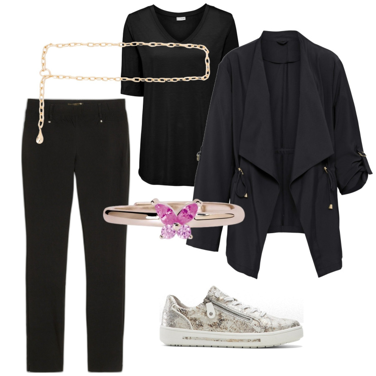 Outfit donna - Total look #1878764. Stile Casual per Tutti i giorni. Abbinamento con pantaloni, t-shirt, sneakers, blazer, anelli, collane.