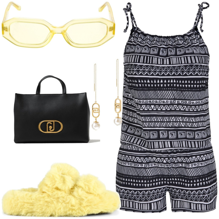 Outfit donna - Tuta fantasia. Stile Casual per Tutti i giorni. look ideale per Petite. Abbinamento con tute, ciabatte, occhiali da sole, orecchini, borse tote.