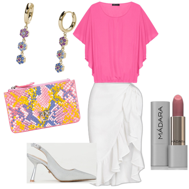 Outfit donna - Lo stile vola coi volants. Stile Bon Ton per Serata fuori. Abbinamento con rossetti, orecchini, borse a spalla, gonne, bluse, scarpe col tacco.