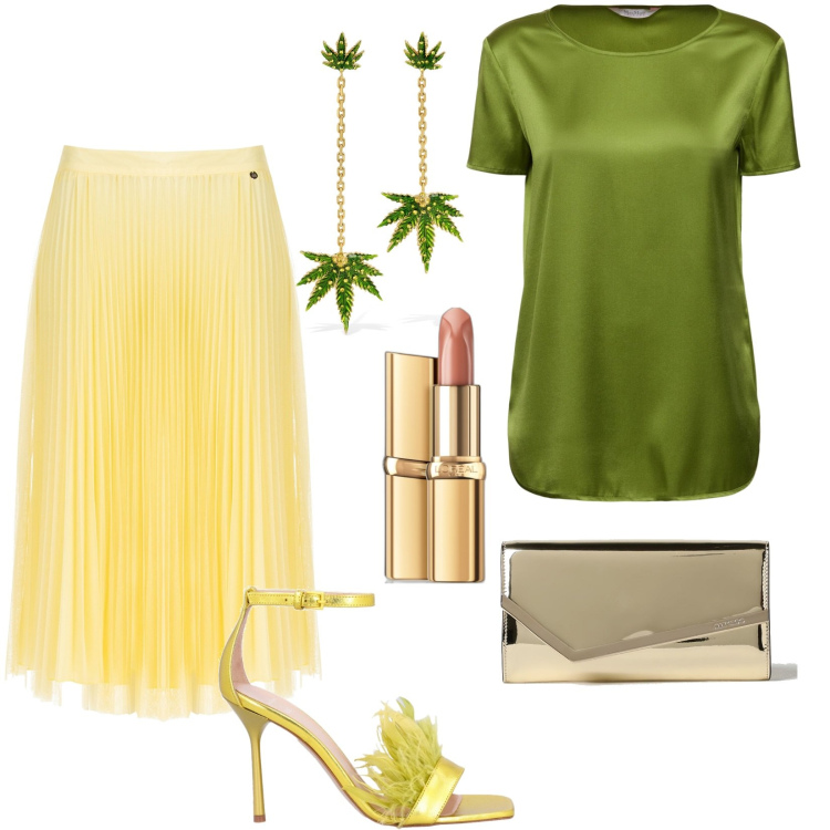 Outfit donna - Raffinata in verde e giallo. Stile Glamour per Cerimonia. Abbinamento con rossetti, gonne longuette, t-shirt, clutch, sandali col tacco, orecchini.