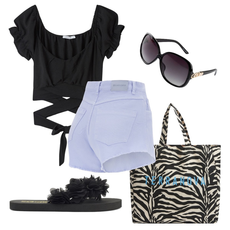 Outfit donna - Gli shorts push up. Stile Preppy per Mare. Abbinamento con occhiali da sole, borse tote, bluse, shorts, infradito.