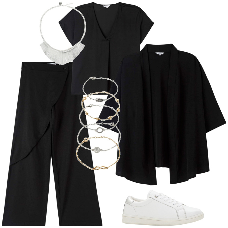 Outfit donna - Total look #1878776. Stile Sporty chic per Tutti i giorni. Abbinamento con braccialetti con ciondoli, sneakers, kimono, pantaloni, bluse, collane.
