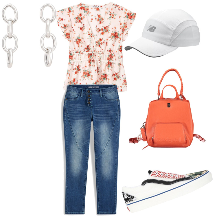 Outfit donna - Picnic della domenica. Stile Casual chic per Tutti i giorni. Abbinamento con jeans boyfriend, sneakers, bluse, cappelli, orecchini, zaini.