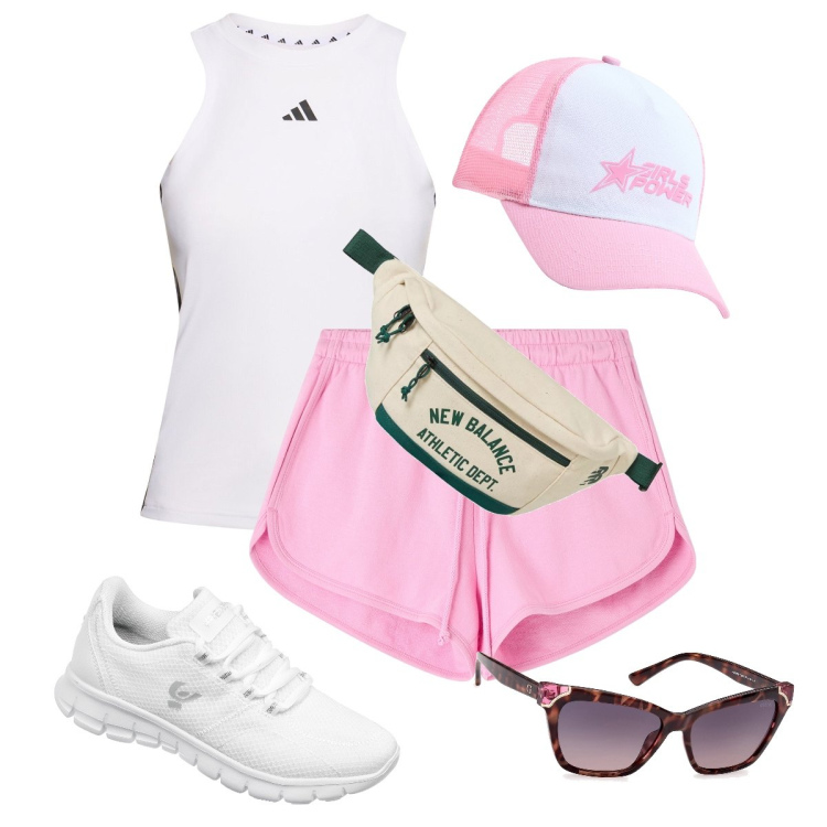 Outfit donna - Correre in spiaggia. Stile Sporty chic per Sport. Abbinamento con cappelli, shorts, marsupi, sneakers, canottiere, occhiali da sole.