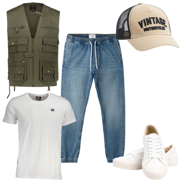 Outfit uomo - Weekend in campagna con utility. Stile Casual per Tutti i giorni. Abbinamento con gilet, jeans, cappelli, t-shirt, sneakers.