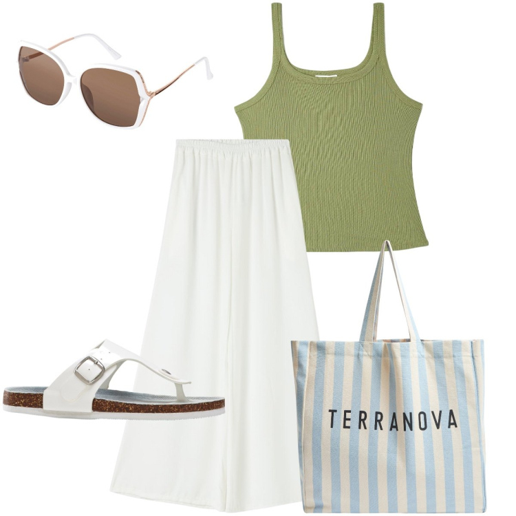 Outfit donna - La shopper a righe. Stile Basic per Tutti i giorni. Abbinamento con infradito, occhiali da sole, top, pantaloni, borse tote.
