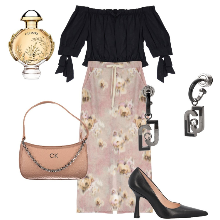 Outfit donna - La gonna rosa con le rose. Stile Bon Ton per Serata fuori. Abbinamento con profumi, bluse, gonne lunghe, borse a spalla, orecchini, décolleté.