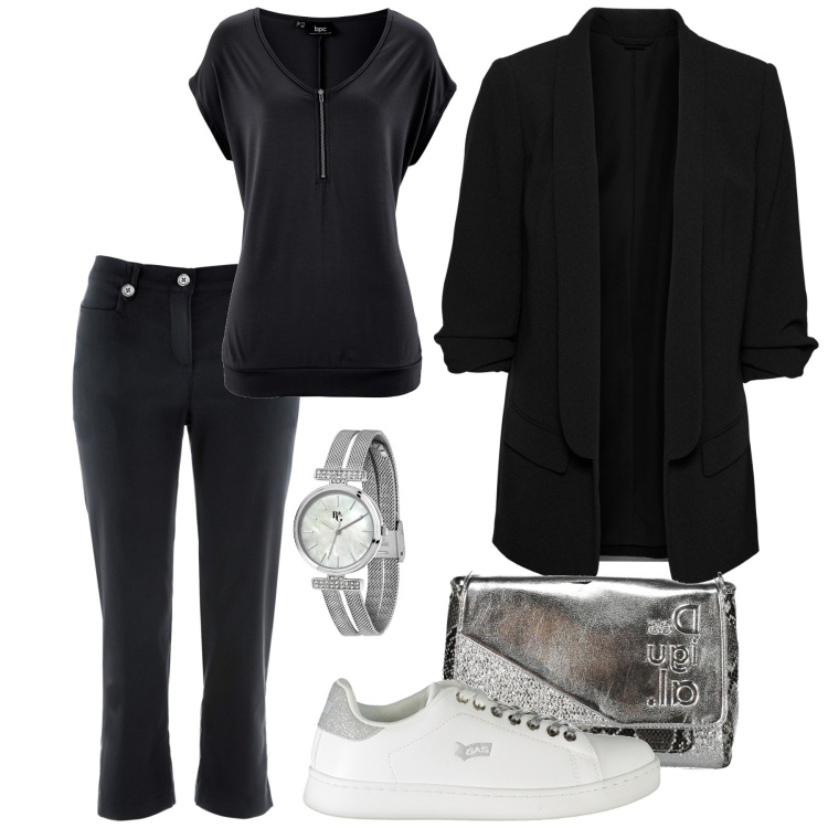 Outfit donna - Total look #1878788. Stile Sporty chic per Tutti i giorni. Abbinamento con t-shirt, pantaloni capri, blazer, orologi, sneakers, borse a spalla.