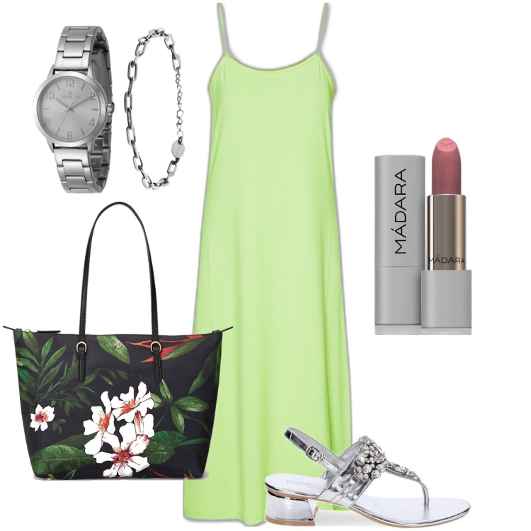 Outfit donna - Abito semplice ma impreziosito. Stile Casual chic per Tutti i giorni. Abbinamento con orologi, rossetti, ciabatte, borse tote, vestiti corti.