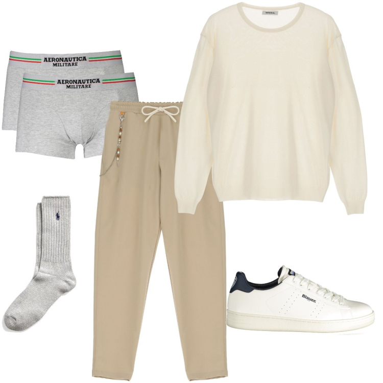 Outfit uomo - Intimo abbinato. Stile Urban per Ufficio. Abbinamento con pullovers, pantaloni, calzini, boxer, sneakers.
