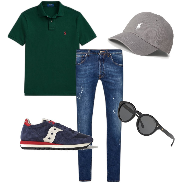 Outfit uomo - Jeans skinny. Stile Urban per Ufficio. Abbinamento con polo, occhiali da sole, cappelli, sneakers, jeans slim fit.