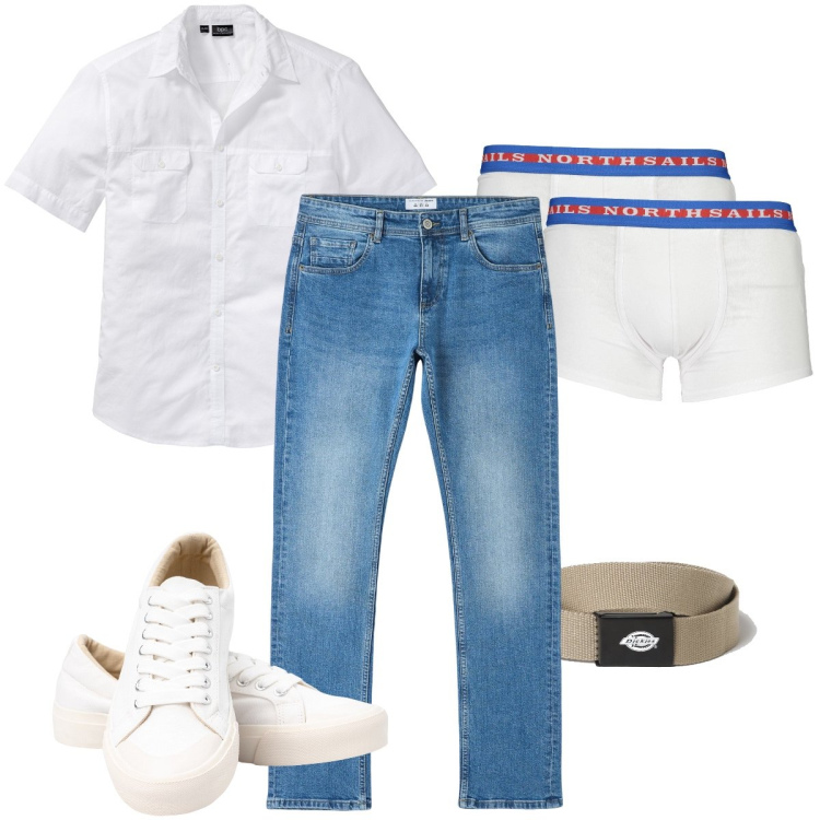 Outfit uomo - La camicia bianca estiva. Stile Casual per Tutti i giorni. Abbinamento con camicie a manica corta, jeans dritti, boxer, sneakers, cinture.