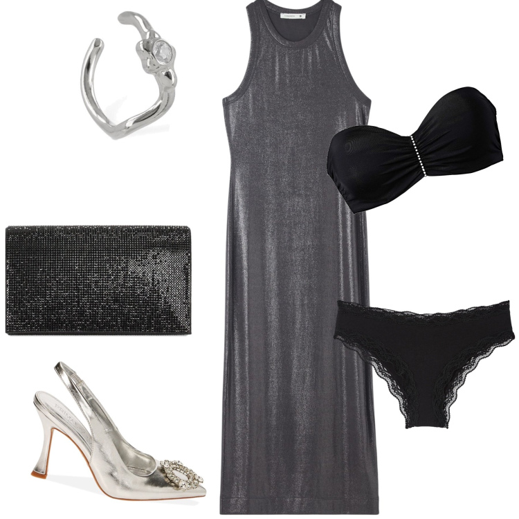 Outfit donna - Cena a lume di candela. Stile Sexy per Serata fuori. Abbinamento con reggiseni, vestiti midi/longuette, culotte, décolleté, pochette, orecchini.