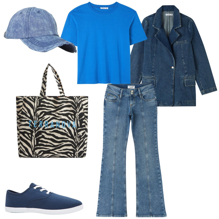 Outfit donna - Jeans total look. Stile Basic per Tutti i giorni. Abbinamento con sneakers, blazer, borse tote, jeans a zampa, t-shirt, orecchini.