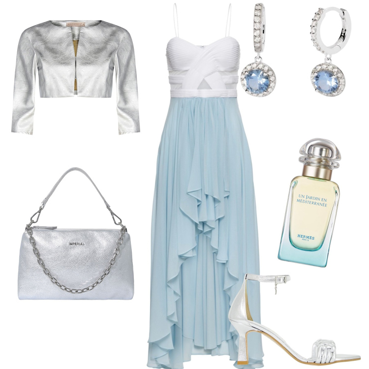 Outfit donna - Cerimonia super romantica. Stile Romantica per Cerimonia. Abbinamento con vestiti asimmetrici, profumi, orecchini, bolero, décolleté, pochette.