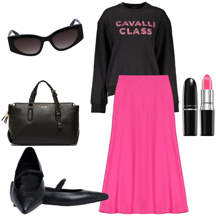 Outfit donna - Sabato a pranzo con amica. Stile Bon Ton per Tutti i giorni. Abbinamento con rossetti, gonne longuette, ballerine, felpe, occhiali da sole, borse a mano.