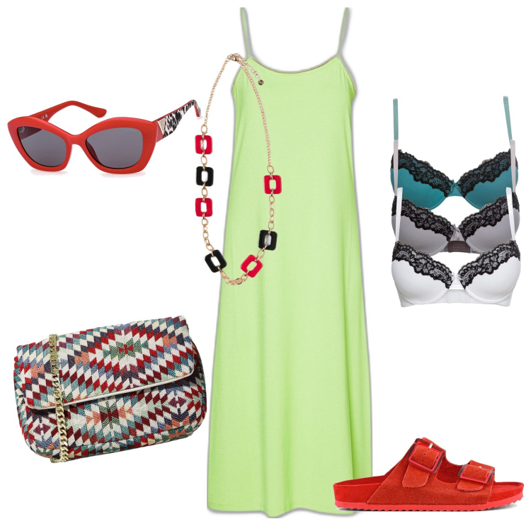 Outfit donna - Estate a colori. Stile Casual chic per Mare. Abbinamento con reggiseni, pochette, sandali, vestiti corti, occhiali da sole, ciondoli.
