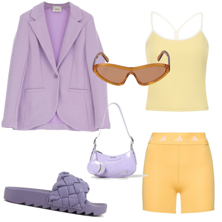 Outfit donna - Sport e casual. Stile Casual per Tutti i giorni. look ideale per Petite. Abbinamento con blazer, ciabatte, shorts, occhiali da sole, canottiere, borse a spalla.