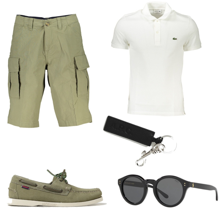Outfit uomo - Le scarpe stringate. Stile Casual per Tutti i giorni. Abbinamento con occhiali da sole, polo, scarpe stringate, bermuda, portachiavi.