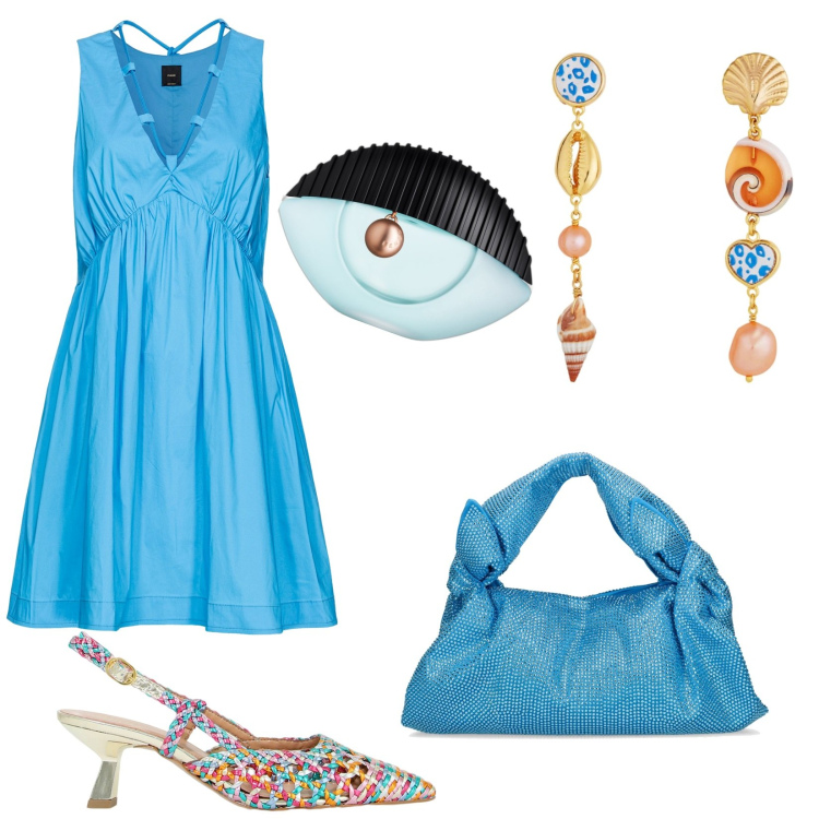 Outfit donna - Gioielli starement. Stile Trendy per Serata fuori. Abbinamento con orecchini, profumi, vestiti corti, sandali in pelle, borse a mano.