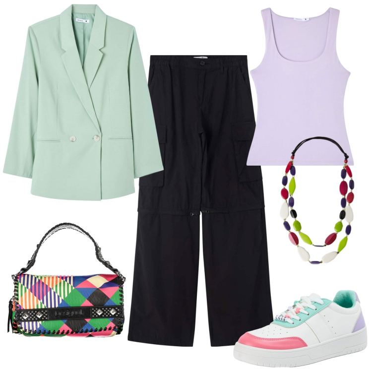 Outfit donna - Casual chic in campagna. Stile Casual chic per Tutti i giorni. Abbinamento con pantaloni cargo, canottiere, sneakers, blazer, collane, collane.
