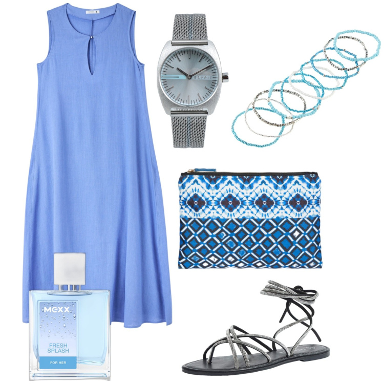 Outfit donna - Fresh style. Stile Trendy per Tutti i giorni. Abbinamento con braccialetti, orologi, profumi, vestiti senza maniche, sandali alla schiava, pochette.